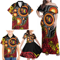 Celebrating 50 Years Papua New Guinea Family Matching Off Shoulder Maxi Dress and Hawaiian Shirt Aboriginal Mix Papuan Pattern - Polynesian Pride
