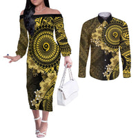Vanuatu Couples Matching Off The Shoulder Long Sleeve Dress and Long Sleeve Button Shirt Hibisus Polynesian Pattern Gold - Polynesian Pride