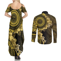 Vanuatu Couples Matching Summer Maxi Dress and Long Sleeve Button Shirt Hibisus Polynesian Pattern Gold - Polynesian Pride