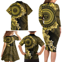 Vanuatu Family Matching Long Sleeve Bodycon Dress and Hawaiian Shirt Hibisus Polynesian Pattern Gold - Polynesian Pride