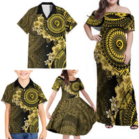 Vanuatu Family Matching Off Shoulder Maxi Dress and Hawaiian Shirt Hibisus Polynesian Pattern Gold - Polynesian Pride