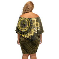 Vanuatu Family Matching Off Shoulder Short Dress and Hawaiian Shirt Hibisus Polynesian Pattern Gold - Polynesian Pride