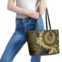 Vanuatu Leather Tote Bag Hibisus Polynesian Pattern Gold - Polynesian Pride