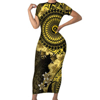 Vanuatu Short Sleeve Bodycon Dress Hibisus Polynesian Pattern Gold - Polynesian Pride
