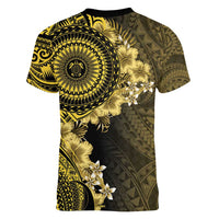 Vanuatu Women V-Neck T-Shirt Hibisus Polynesian Pattern Gold - Polynesian Pride