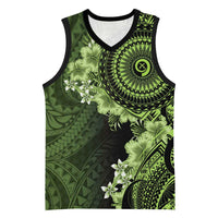 Vanuatu Basketball Jersey Hibisus Polynesian Pattern Green - Polynesian Pride