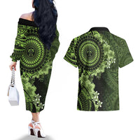 Vanuatu Couples Matching Off The Shoulder Long Sleeve Dress and Hawaiian Shirt Hibisus Polynesian Pattern Green - Polynesian Pride
