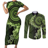 Vanuatu Couples Matching Short Sleeve Bodycon Dress and Long Sleeve Button Shirt Hibisus Polynesian Pattern Green - Polynesian Pride