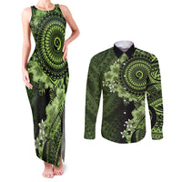 Vanuatu Couples Matching Tank Maxi Dress and Long Sleeve Button Shirt Hibisus Polynesian Pattern Green - Polynesian Pride