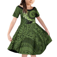Vanuatu Family Matching Off Shoulder Short Dress and Hawaiian Shirt Hibisus Polynesian Pattern Green LT14 Daughter's Dress Green - Polynesian Pride