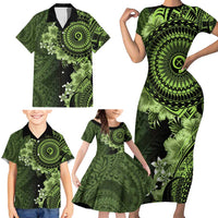 Vanuatu Family Matching Short Sleeve Bodycon Dress and Hawaiian Shirt Hibisus Polynesian Pattern Green - Polynesian Pride