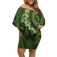 Vanuatu Off Shoulder Short Dress Hibisus Polynesian Pattern Green - Polynesian Pride