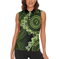 Vanuatu Women Sleeveless Polo Shirt Hibisus Polynesian Pattern Green - Polynesian Pride