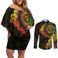 Vanuatu Couples Matching Off Shoulder Short Dress and Long Sleeve Button Shirt Hibisus Polynesian Pattern Reggae - Polynesian Pride