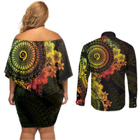 Vanuatu Couples Matching Off Shoulder Short Dress and Long Sleeve Button Shirt Hibisus Polynesian Pattern Reggae - Polynesian Pride