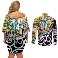New Zealand Australia Rugby Custom Couples Matching Off Shoulder Short Dress and Long Sleeve Button Shirt Wallabies Aboriginal All Black Maori Tiki Together - Polynesian Pride