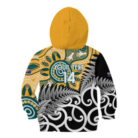 New Zealand Australia Rugby Custom Kid Hoodie Wallabies Aboriginal All Black Maori Tiki Together - Polynesian Pride