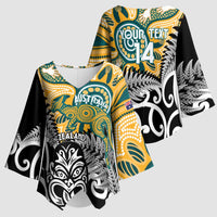 New Zealand Australia Rugby Custom Kimono Sleeve Blouse Wallabies Aboriginal All Black Maori Tiki Together - Polynesian Pride