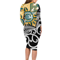 New Zealand Australia Rugby Custom Long Sleeve Bodycon Dress Wallabies Aboriginal All Black Maori Tiki Together - Polynesian Pride