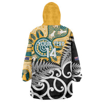 New Zealand Australia Rugby Custom Wearable Blanket Hoodie Wallabies Aboriginal All Black Maori Tiki Together - Polynesian Pride