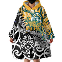 New Zealand Australia Rugby Custom Wearable Blanket Hoodie Wallabies Aboriginal All Black Maori Tiki Together - Polynesian Pride