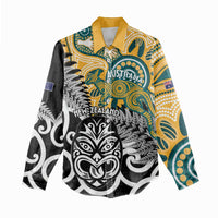 New Zealand Australia Rugby Custom Women Casual Shirt Wallabies Aboriginal All Black Maori Tiki Together - Polynesian Pride