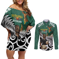 New Zealand South Africa Rugby Custom Couples Matching Off Shoulder Short Dress and Long Sleeve Button Shirt Springboks Kente All Black Maori Together - Polynesian Pride