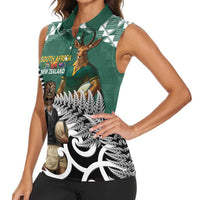 New Zealand South Africa Rugby Custom Women Sleeveless Polo Shirt Springboks Kente All Black Maori Together - Polynesian Pride
