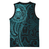 New Zealand Skull Darts Basketball Jersey Aotearoa Maori Chest Tattoo Stylized Teal - Polynesian Pride