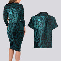 New Zealand Skull Darts Couples Matching Long Sleeve Bodycon Dress and Hawaiian Shirt Aotearoa Maori Chest Tattoo Stylized Teal - Polynesian Pride