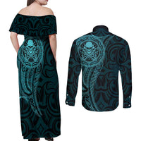 New Zealand Skull Darts Couples Matching Off Shoulder Maxi Dress and Long Sleeve Button Shirt Aotearoa Maori Chest Tattoo Stylized Teal - Polynesian Pride
