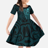 New Zealand Skull Darts Family Matching Off The Shoulder Long Sleeve Dress and Hawaiian Shirt Aotearoa Maori Chest Tattoo Stylized Teal - Polynesian Pride
