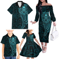New Zealand Skull Darts Family Matching Off The Shoulder Long Sleeve Dress and Hawaiian Shirt Aotearoa Maori Chest Tattoo Stylized Teal - Polynesian Pride