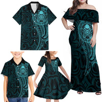 New Zealand Skull Darts Family Matching Off Shoulder Maxi Dress and Hawaiian Shirt Aotearoa Maori Chest Tattoo Stylized Teal - Polynesian Pride