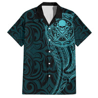 New Zealand Skull Darts Family Matching Off Shoulder Maxi Dress and Hawaiian Shirt Aotearoa Maori Chest Tattoo Stylized Teal - Polynesian Pride