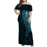 New Zealand Skull Darts Family Matching Off Shoulder Maxi Dress and Hawaiian Shirt Aotearoa Maori Chest Tattoo Stylized Teal - Polynesian Pride