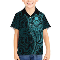 New Zealand Skull Darts Family Matching Off Shoulder Short Dress and Hawaiian Shirt Aotearoa Maori Chest Tattoo Stylized Teal - Polynesian Pride