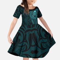 New Zealand Skull Darts Family Matching Short Sleeve Bodycon Dress and Hawaiian Shirt Aotearoa Maori Chest Tattoo Stylized Teal - Polynesian Pride
