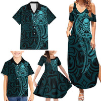 New Zealand Skull Darts Family Matching Summer Maxi Dress and Hawaiian Shirt Aotearoa Maori Chest Tattoo Stylized Teal - Polynesian Pride