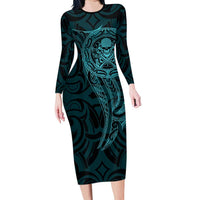 New Zealand Skull Darts Long Sleeve Bodycon Dress Aotearoa Maori Chest Tattoo Stylized Teal - Polynesian Pride