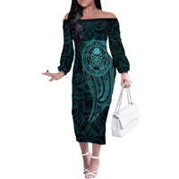 New Zealand Skull Darts Off The Shoulder Long Sleeve Dress Aotearoa Maori Chest Tattoo Stylized Teal - Polynesian Pride