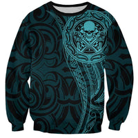 New Zealand Skull Darts Sweatshirt Aotearoa Maori Chest Tattoo Stylized Teal - Polynesian Pride