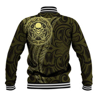New Zealand Skull Darts Baseball Jacket Aotearoa Maori Chest Tattoo Stylized Gold - Polynesian Pride