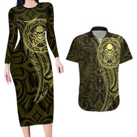 New Zealand Skull Darts Couples Matching Long Sleeve Bodycon Dress and Hawaiian Shirt Aotearoa Maori Chest Tattoo Stylized Gold - Polynesian Pride