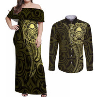 New Zealand Skull Darts Couples Matching Off Shoulder Maxi Dress and Long Sleeve Button Shirt Aotearoa Maori Chest Tattoo Stylized Gold - Polynesian Pride