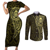 New Zealand Skull Darts Couples Matching Short Sleeve Bodycon Dress and Long Sleeve Button Shirt Aotearoa Maori Chest Tattoo Stylized Gold - Polynesian Pride