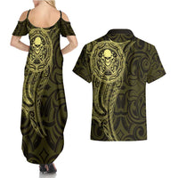 New Zealand Skull Darts Couples Matching Summer Maxi Dress and Hawaiian Shirt Aotearoa Maori Chest Tattoo Stylized Gold - Polynesian Pride