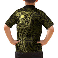 New Zealand Skull Darts Family Matching Long Sleeve Bodycon Dress and Hawaiian Shirt Aotearoa Maori Chest Tattoo Stylized Gold - Polynesian Pride