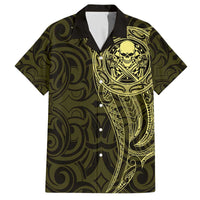 New Zealand Skull Darts Family Matching Off The Shoulder Long Sleeve Dress and Hawaiian Shirt Aotearoa Maori Chest Tattoo Stylized Gold - Polynesian Pride