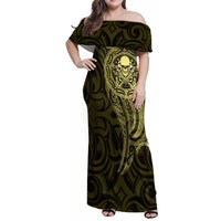 New Zealand Skull Darts Family Matching Off Shoulder Maxi Dress and Hawaiian Shirt Aotearoa Maori Chest Tattoo Stylized Gold - Polynesian Pride